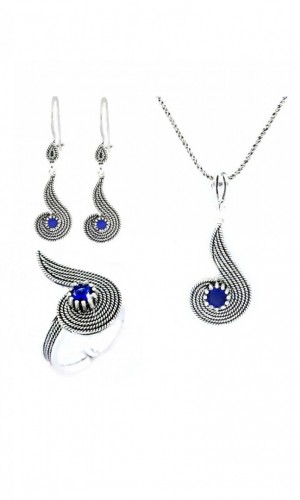 El Işi Safir Taşlı Telkari Üçlü Set 