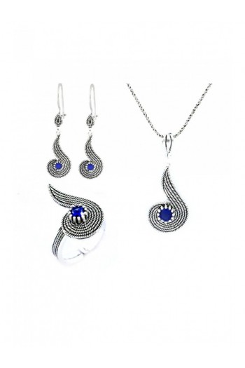 El Işi Safir Taşlı Telkari Üçlü Set 