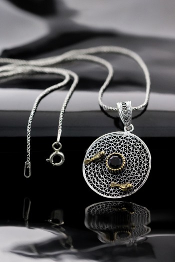 Güvercin Motifli Yuvarlak 925 Ayar Telkari Gümüş Kolye Ucu