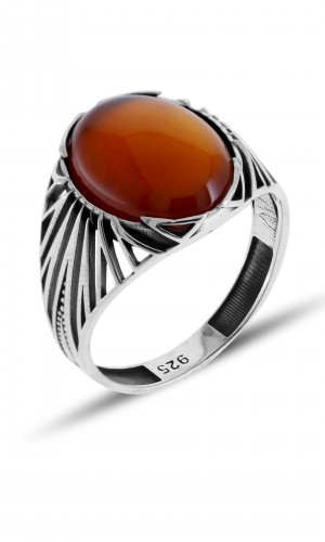 Kafes Tasarım Akik Taşlı 925 Ayar Erkek Gümüş Yüzük