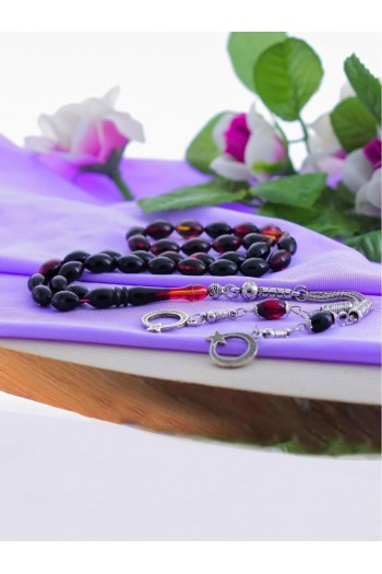 Karışık Siyah Hareli Ayyıldız Püsküllü Ateş Kehribar Tesbih