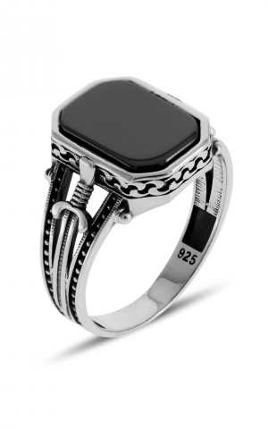 Kılıç Tasarım Akik Oniks 925 Ayar Erkek Gümüş Yüzük