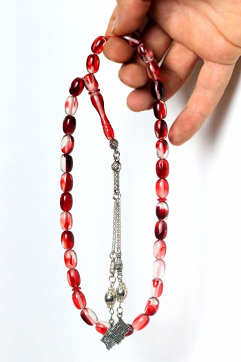 KIRMIZI HARELİ ŞEFFAF TOZ KEHRİBAR TESBİH 