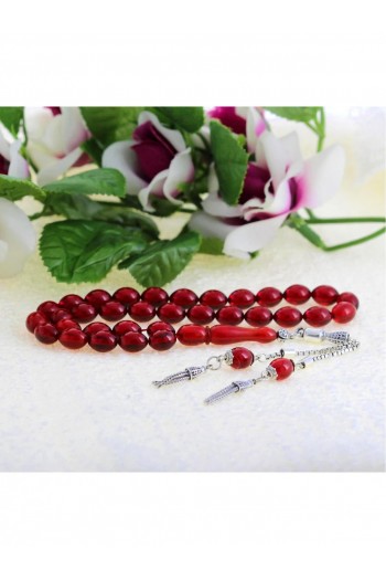 Kırmızı Nar Çiçeği Gümüş Püsküllü Ateş Kehribar Tesbih 