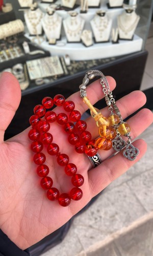 Kırmızı Sarı Süzme Toz Kehribar Tesbih