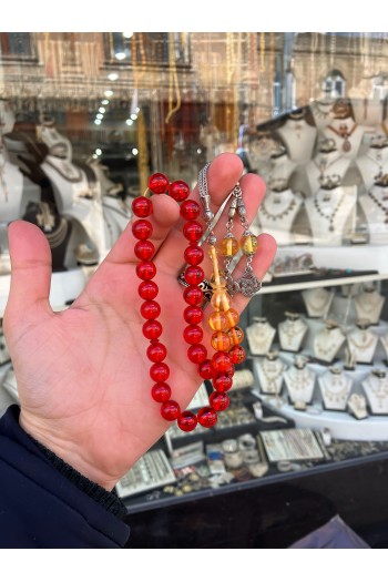 Kırmızı Sarı Süzme Toz Kehribar Tesbih