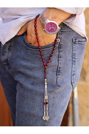 Kırmızı Siyah Hareli Aşk Düğümü Püsküllü Ateş Kehribar Tesbih