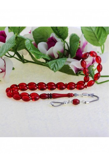 Kırmızı Siyah Hareli Gümüş Püsküllü Ateş Kehribar Tesbih