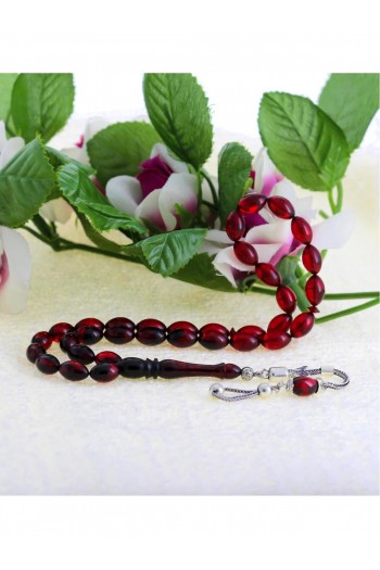 Kırmızı Siyah Hareli Gümüş Püsküllü Ateş Kehribar Tesbih