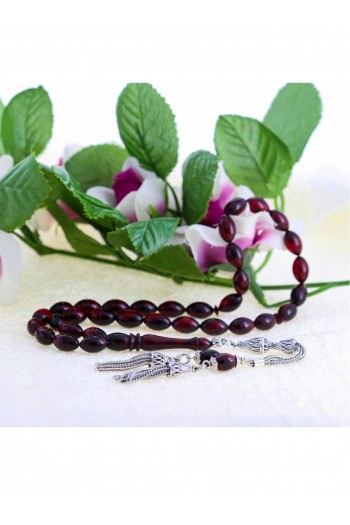 Kırmızı Siyah Hareli Gümüş Püsküllü Ateş Kehribar Tesbih 