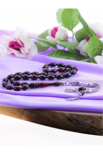 Kırmızı Siyah Hareli Gümüş Püsküllü Ateş Kehribar Tesbih 