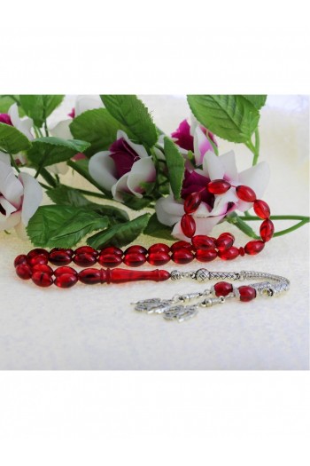 Kırmızı Siyah Hareli Selçuklu Kartal Püsküllü Ateş Kehribar Tesbih