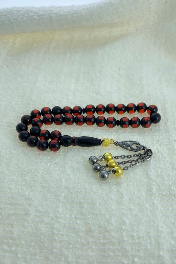 KIRMIZI SİYAH SÜRMELİ KÜRE TOZ KEHRİBAR TESBİH