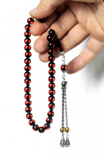 KIRMIZI SİYAH SÜRMELİ KÜRE TOZ KEHRİBAR TESBİH