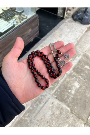 Kırmızı Sürmeli Toz Kehribar Tesbih