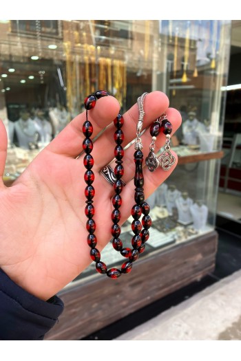 Kırmızı Sürmeli Toz Kehribar Tesbih