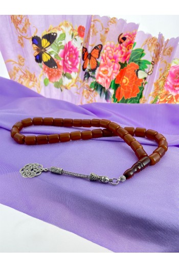 Koyu Renkli Sarı Hareli  Kesim Sıkma Kehribar Tesbih