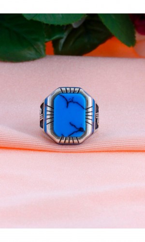 Osmanlı Tuğra İşlemeli Firuze Taşlı Erkek Gümüş Yüzük 