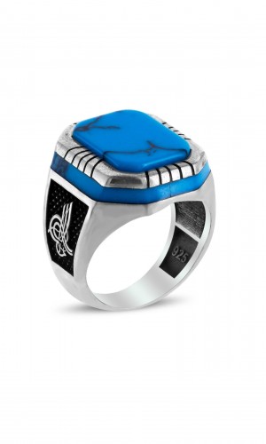 Osmanlı Tuğra İşlemeli Firuze Taşlı Erkek Gümüş Yüzük 