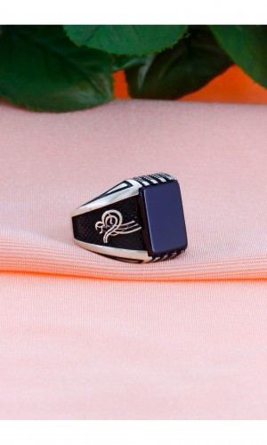 Osmanlı Tuğrası İşlemeli Oniks Taşlı Erkek Gümüş Yüzük 