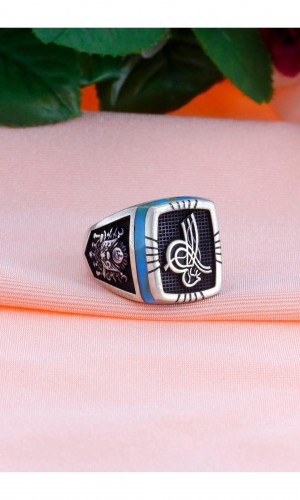 Sancak & Tuğra İşlemeli Firuze Taşlı Erkek Gümüş Yüzük