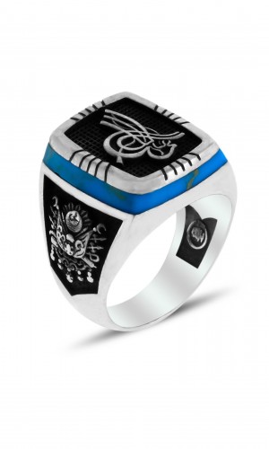 Sancak & Tuğra İşlemeli Firuze Taşlı Erkek Gümüş Yüzük