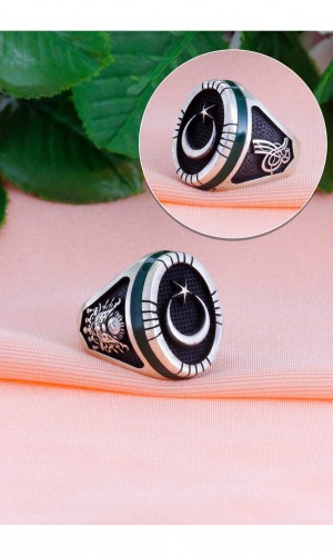 Sancak ve Tuğra İşlemeli Akik Taşlı Erkek Gümüş Yüzük