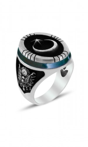 Sancak ve Tuğra İşlemeli Akik Taşlı Erkek Gümüş Yüzük