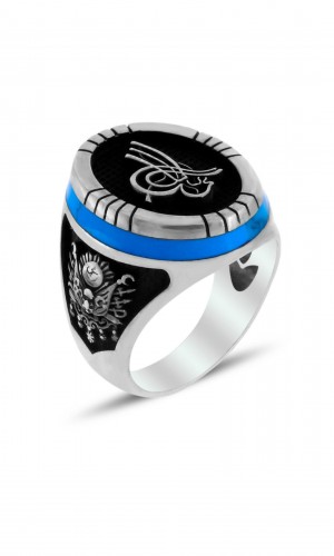 Sancak ve Tuğra İşlemeli Firuze Taşlı Erkek Gümüş Yüzük -