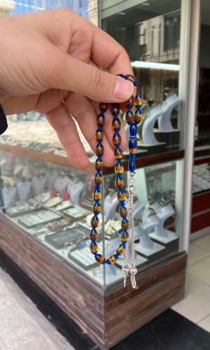 Sarı Hüzmeli Sürmeli Toz Kehribar Tesbih