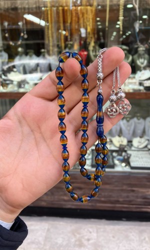 Sarı Hüzmeli Sürmeli Toz Kehribar Tesbih