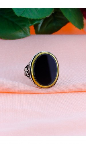 Sarmaşık İşlemeli Oniks Taşlı Erkek Gümüş Yüzük 