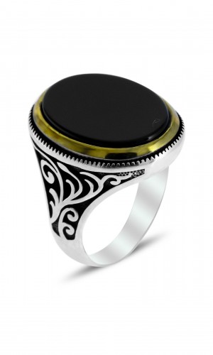 Sarmaşık İşlemeli Oniks Taşlı Erkek Gümüş Yüzük 
