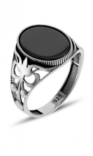 Sarmaşık Tasarım Oniks Taşlı 925 Ayar Erkek Gümüş Yüzük