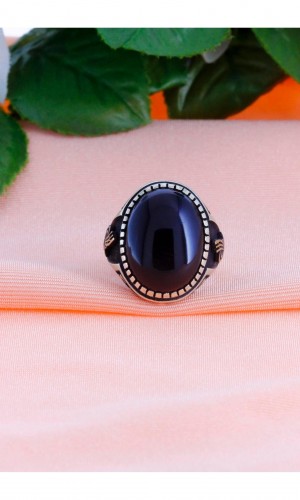 Tuğra İşleme Oniks Taşlı Erkek Gümüş Yüzük