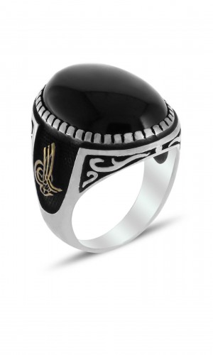 Tuğra İşleme Oniks Taşlı Erkek Gümüş Yüzük