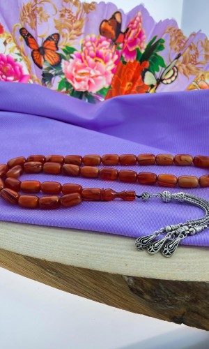 Turuncu Hareli Kesim Sıkma Kehribar Tesbih