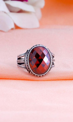 Yakut Taşlı 925 Ayar Erkek Gümüş Yüzük