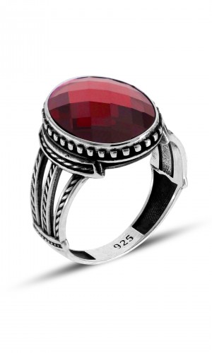 Yakut Taşlı 925 Ayar Erkek Gümüş Yüzük