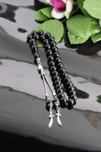 925 Ayar Gümüş Püsküllü  Küre Kesim Dışı Siyah İçi Turkuaz Rengi Sıkma Kehribar