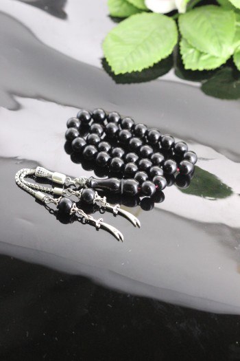 925 Ayar Gümüş Püsküllü  Küre Kesim Dışı Siyah İçi Turkuaz Rengi Sıkma Kehribar