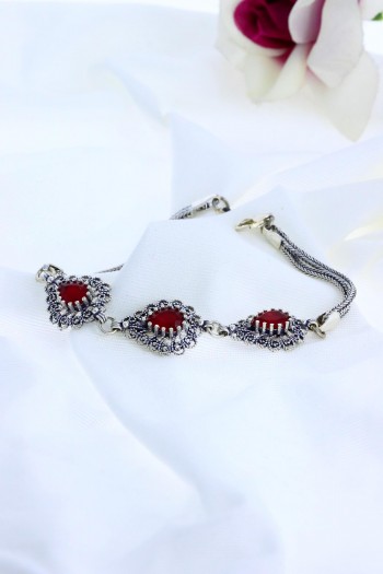 Damla Model Kırmızı Zirkon Taşlı El Işçiliği Telkari Gümüş Bileklik