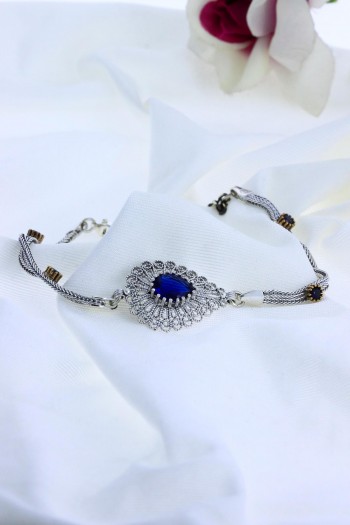 Damla Model Mavi Zirkon Taşlı El Işçiliği Telkari Gümüş Bileklik