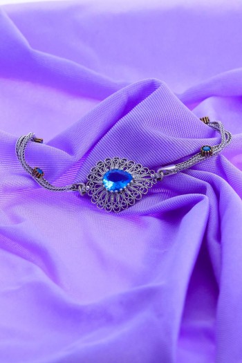 Damla Model Turkuaz Zirkon Taşlı El Işçiliği Telkari Gümüş Bileklik