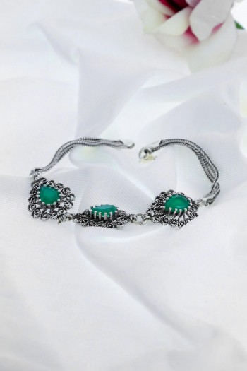 Damla Model Yeşil Zümrüt Taşlı El Işçiliği Telkari Gümüş Bileklik
