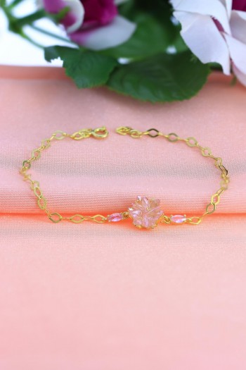 Lotus Model Pembe Kuvars Taşlı Altın Kaplama Gümüş Bileklik