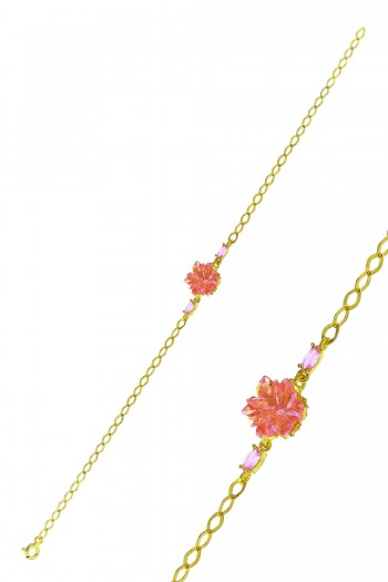 Lotus Model Pembe Kuvars Taşlı Altın Kaplama Gümüş Bileklik
