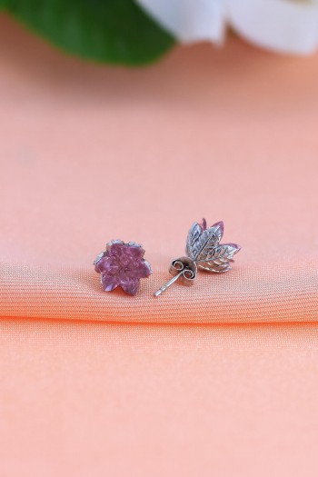 Lotus Model Pembe Kuvars Taşlı Gümüş Küpe 