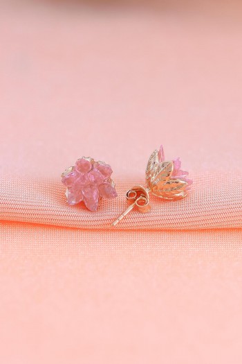 Lotus Model Pembe Kuvars Taşlı Rose Gümüş Küpe