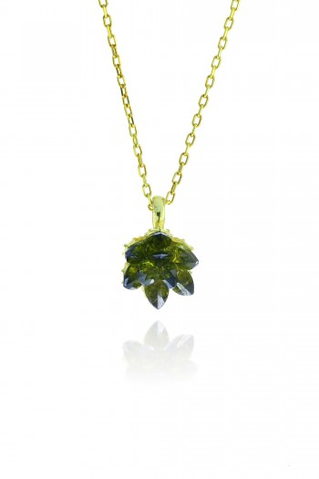 Lotus Model Yeşim Taşlı Altın Rengi Gümüş Kolye